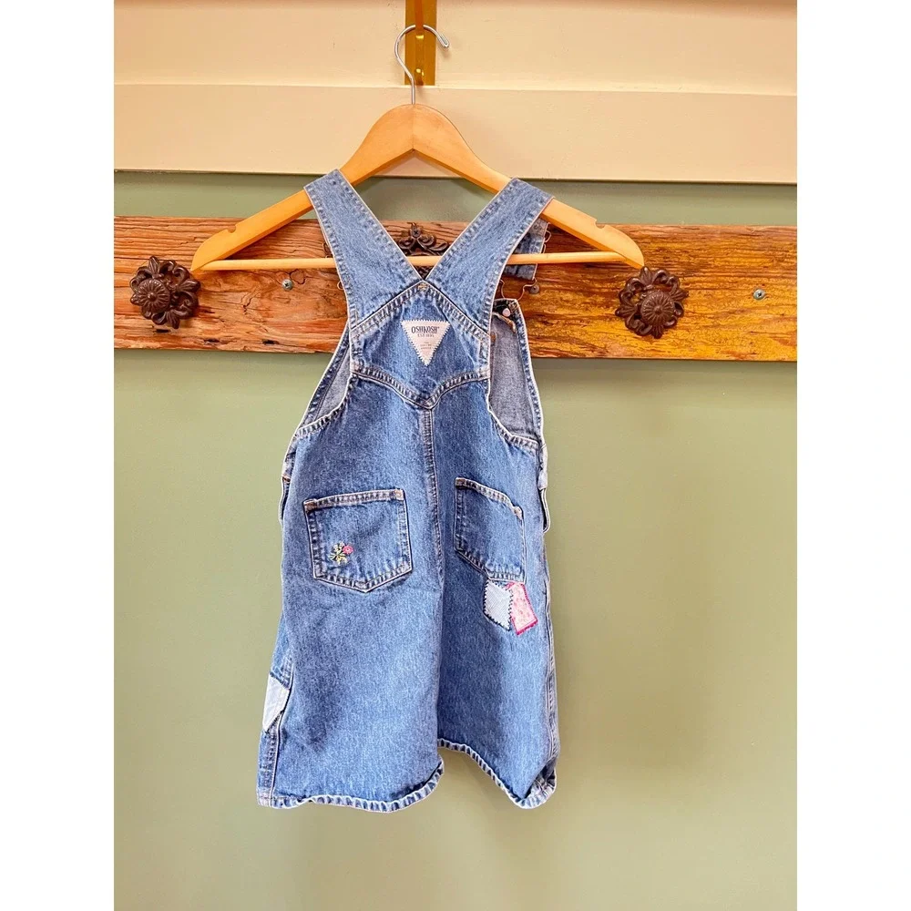 Vtg. OshKosh Bgosh Girls Denim Overall Jumper Dress Floral Patchwork Blue Size 6